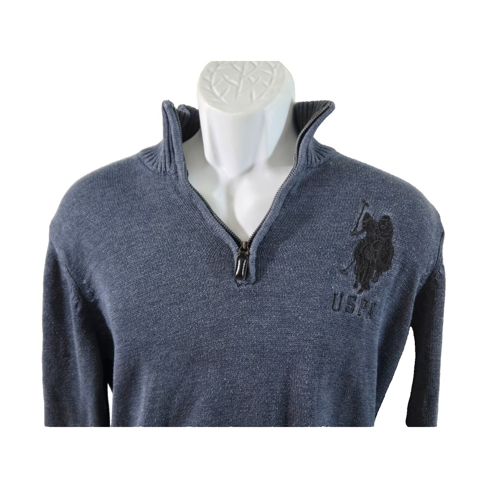U.S. Polo Assn. Mens Blue/Gray Big Pony‎ 1/4 Zip L/S Embroidered Sweater Med